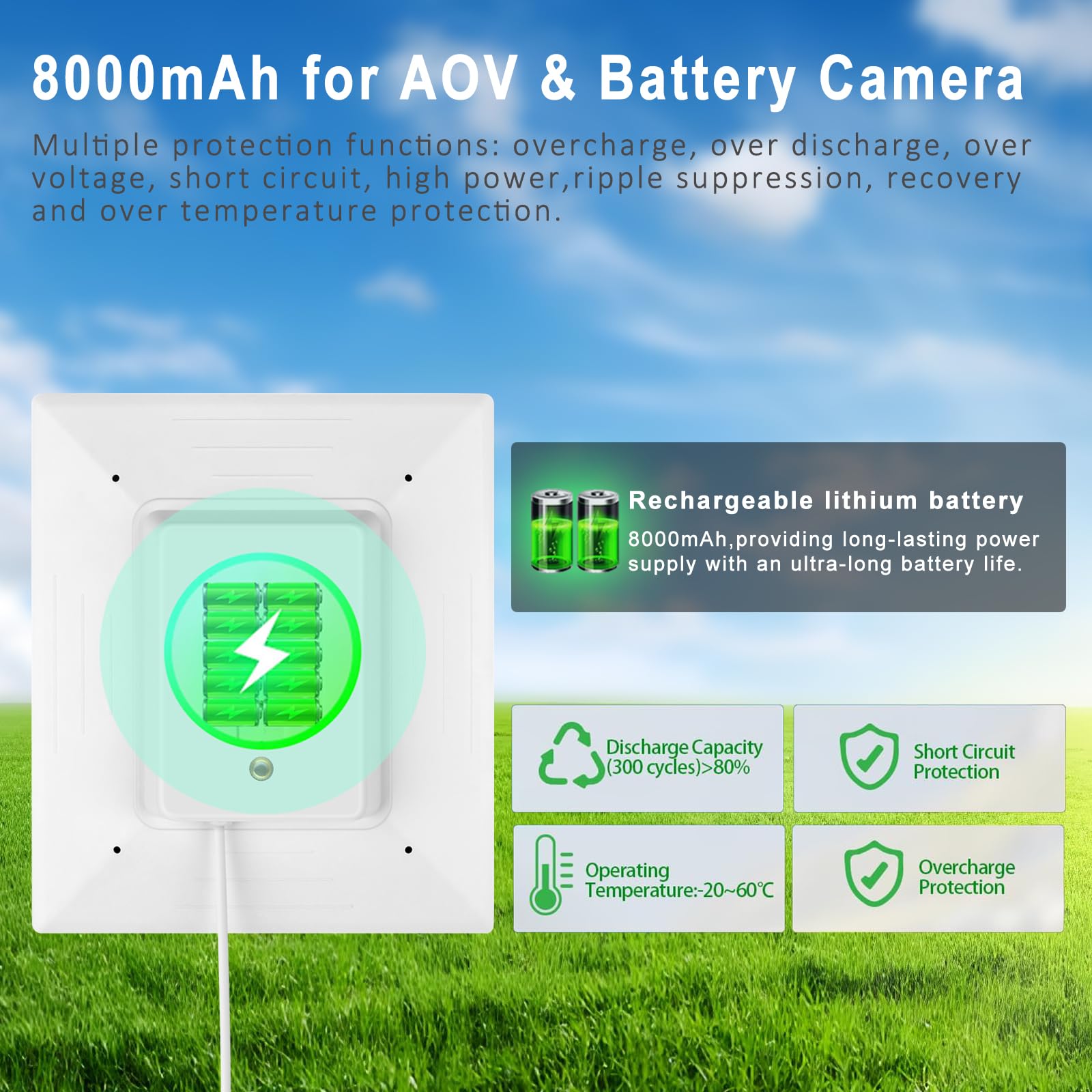 5W/5V Solarpanel mit eingebautem 8000mAh Akku, mit 3m langem 3-in-1-Ladekabel (Micro-USB, Typ-C und DC3,5x1,35 Stecker) für Überwachungskameras und Vogel-Fütterungskameras,Vogeltränke Stehend,IP65