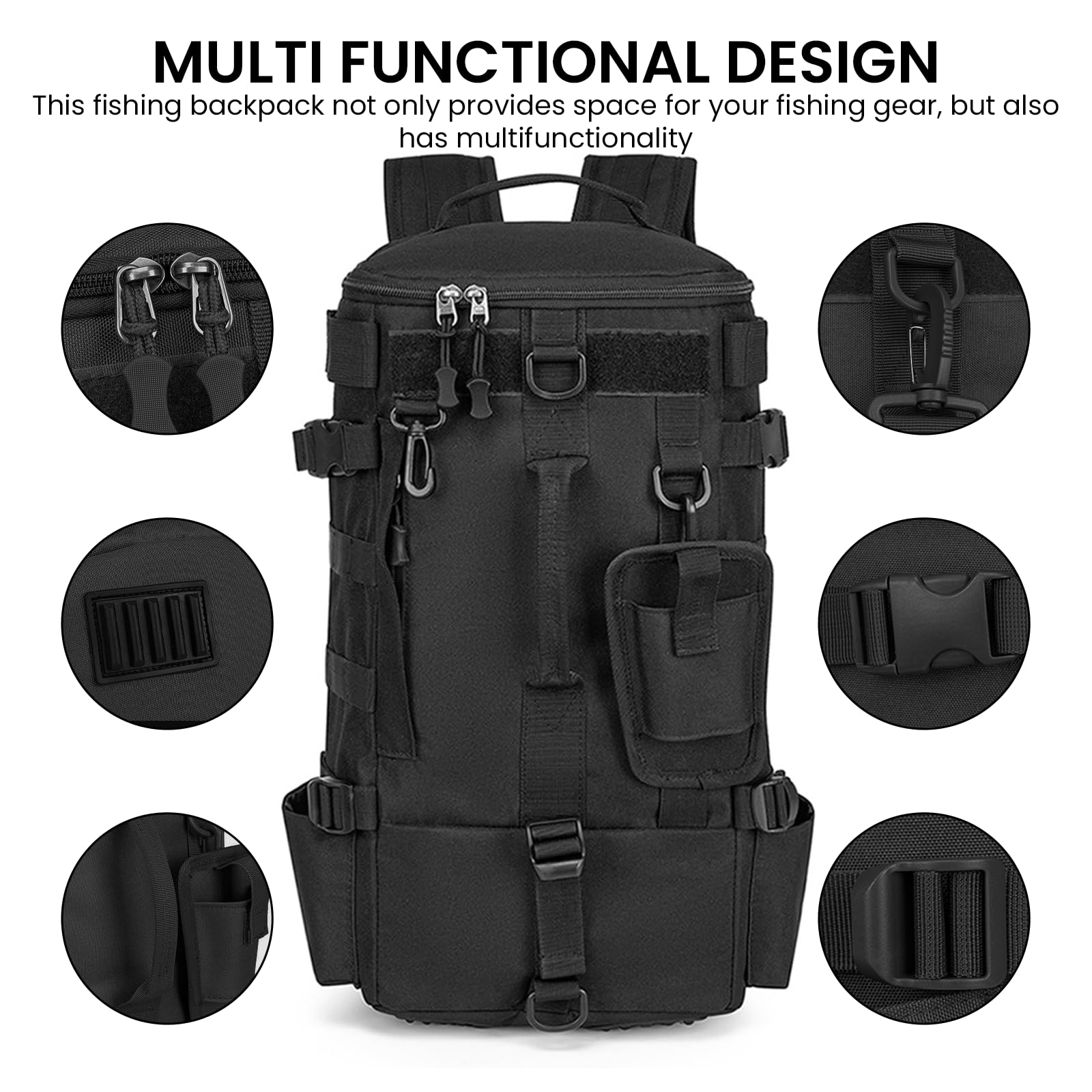 Mochilas de pesca con soporte para cañas: 45 x 16 x 23 cm, mochilas al aire libre impermeables, color negro, multifunción, mochila militar para camping