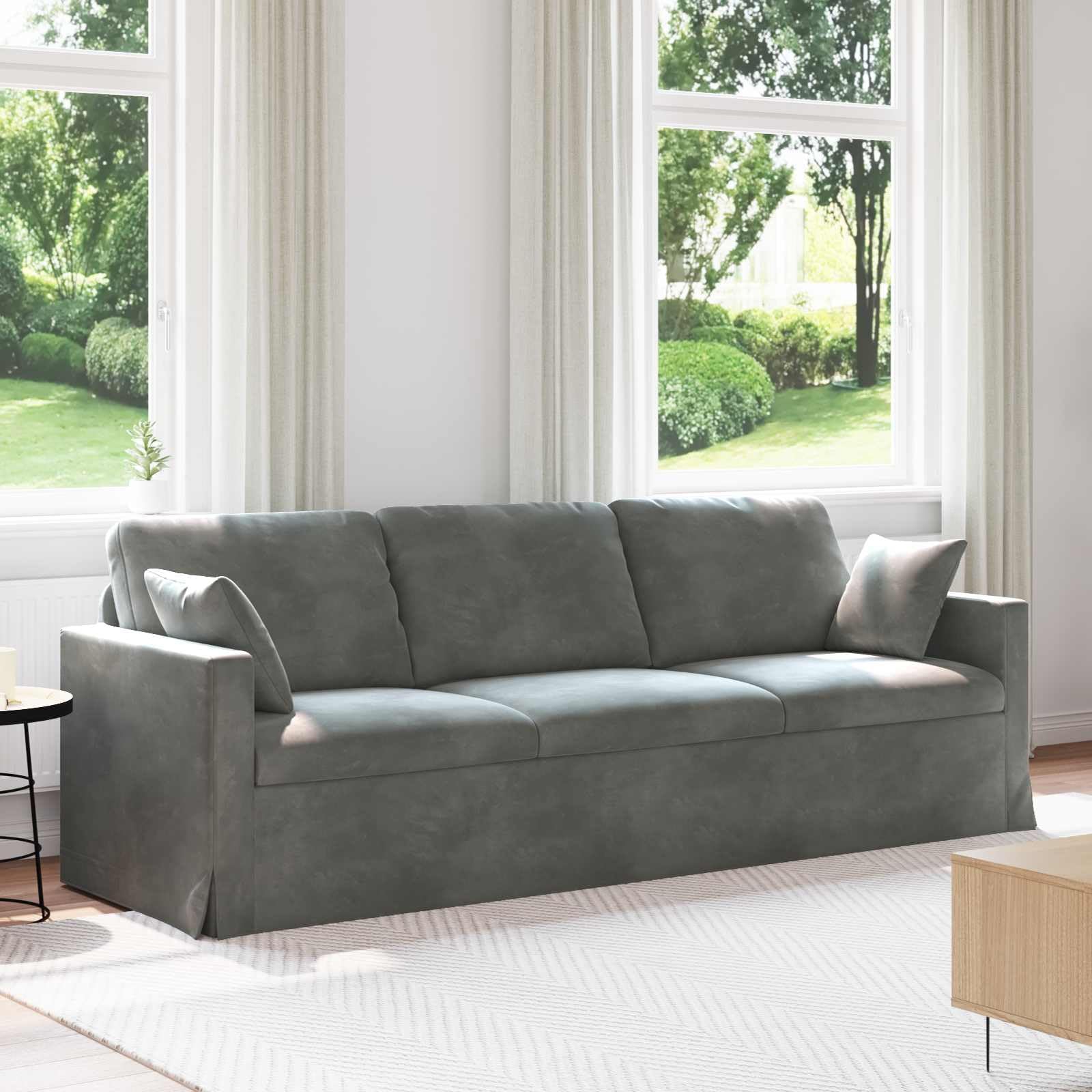 Sofá modular de terciopelo gris oscuro de 228 cm con estructura de metal y reposabrazos de madera, diseño ergonómico para salón y dormitorio