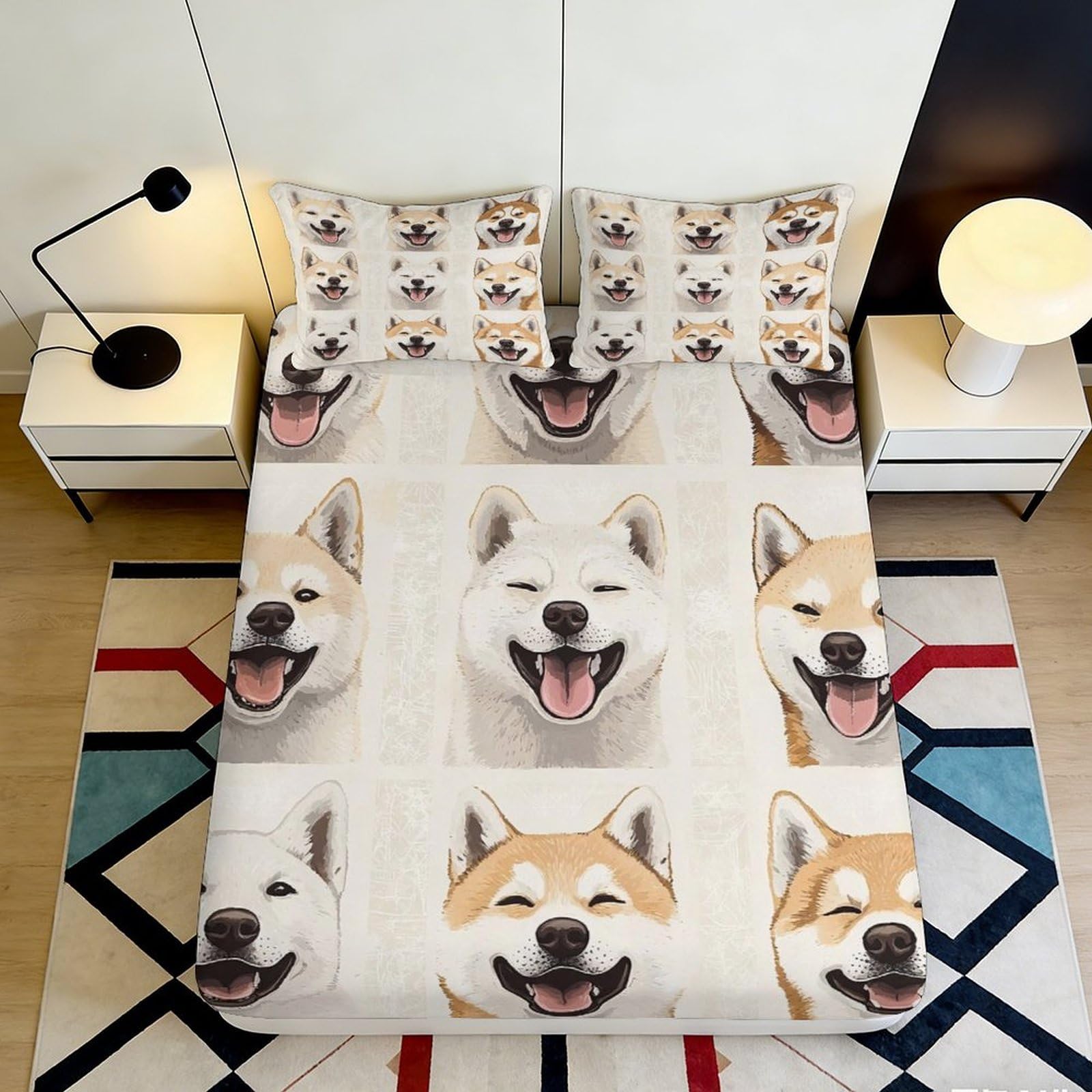 3D Printed Shiba Inu Dog Fitted Sheet Microfiber Soft Breathable Akita Mattress Cover for Bedroom Dorm Decor 90x200x25cm