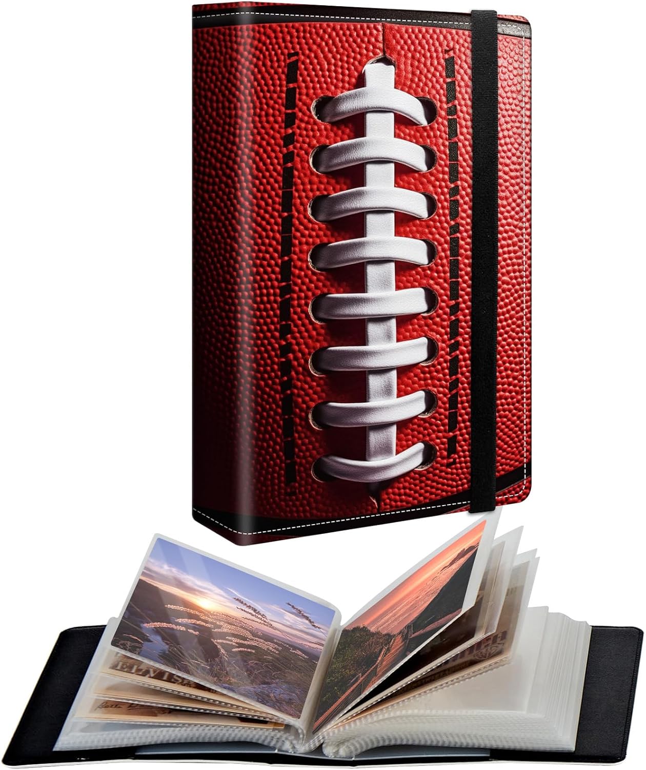 Small Photo Album 5x7 inch PU Leather Cover Photo Albums with 120 Photos Transparent Inner Pockets and Elastic Band Design Cute Photo Albums for Family Anniversary Wedding - Red Football
