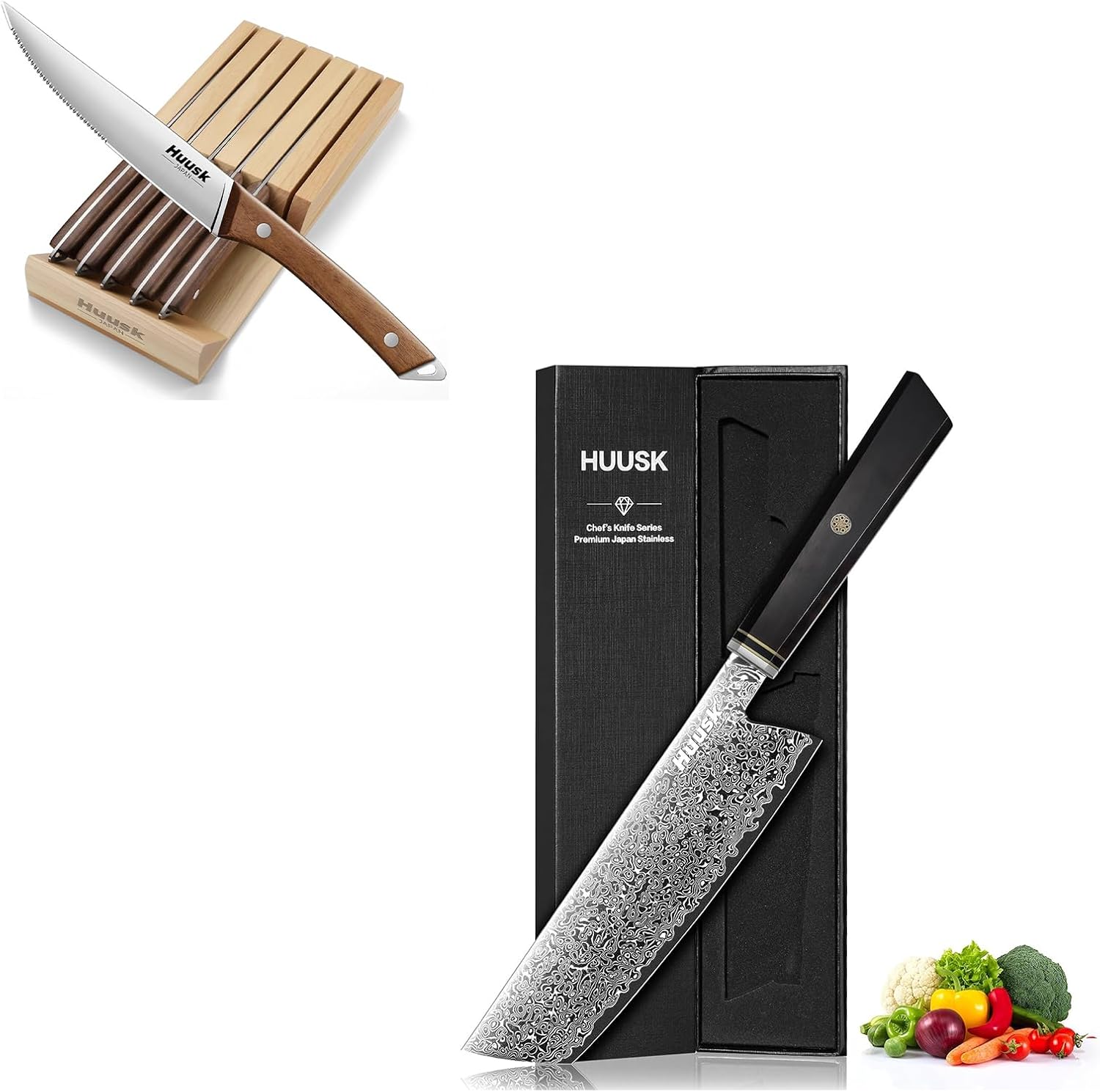 Huusk Damascus Nakiri Knife Bundle With Steak Knives Set of 6