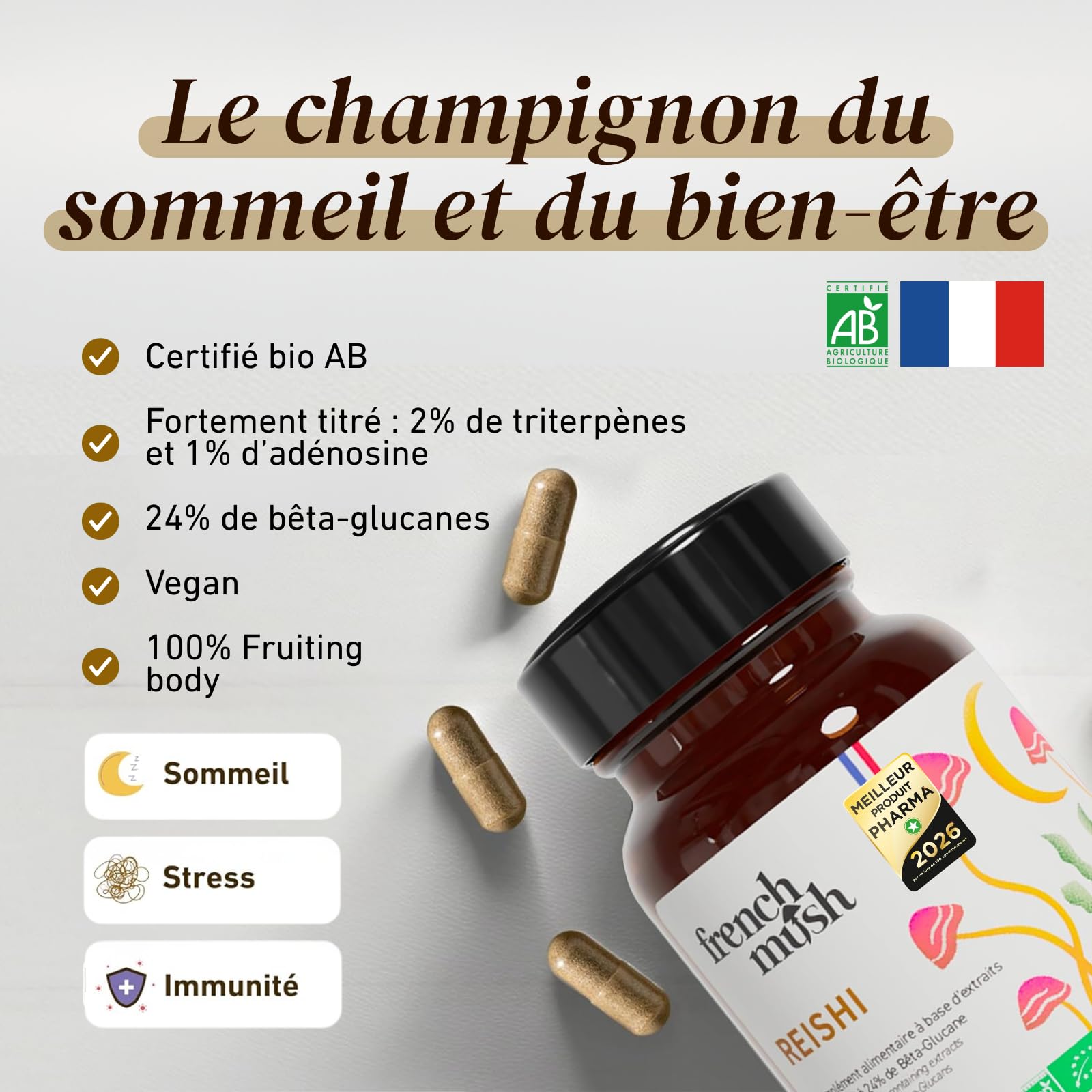 French Mush - Reishi Bio 8000mg - 56 Gélules Vegan - 30% Polysaccharide, 92% Biodisponibilité - Effet Apaisant, Sommeil Réparateur, Relaxation - Testé en Laboratoire - Fabriqué en France