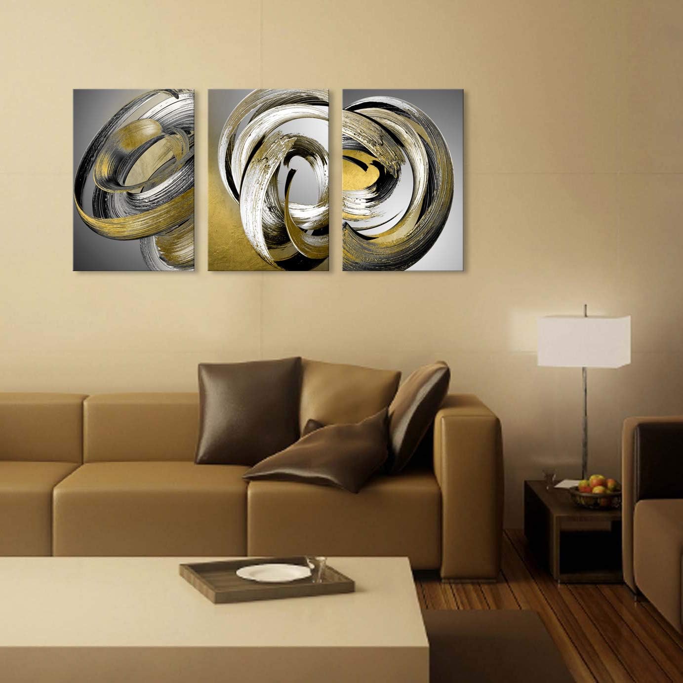 Gold Abstract Canvas Wall Art 3 Pieces Black and White Modern Print Painting Stroke Artwork