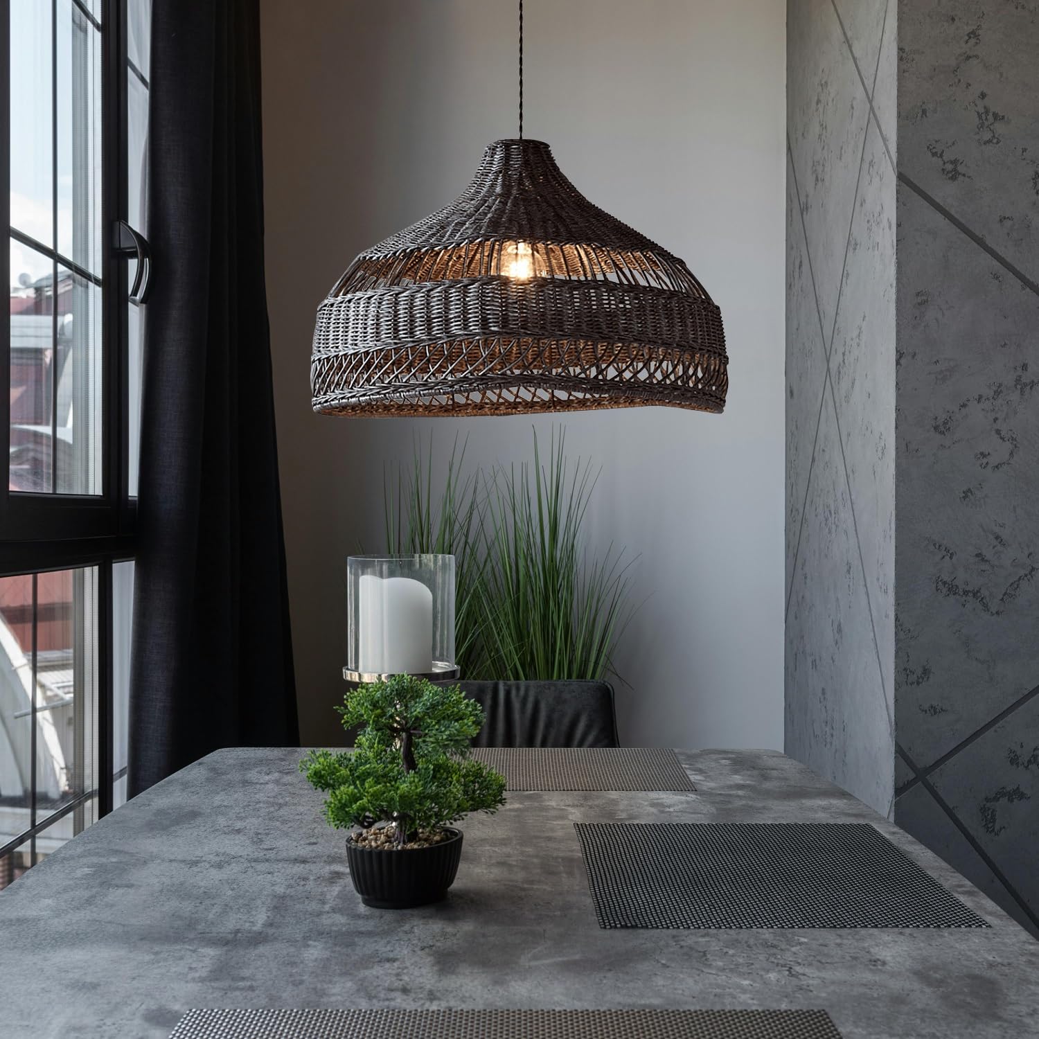 Lustre en bambou suspension rotin E27 luminaire noir pour salon et cuisine