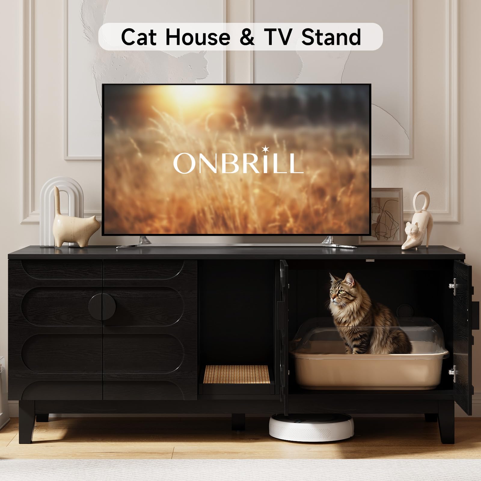 ONBRILL 59 Inches Cat Litter Box Enclosure for 2 Cats, Hidden Litter Boxes Furniture w/Cat Scratch Pad, Modern Large Pet House with Double Room, Wooden TV Stand for Living Room, Black - image 8