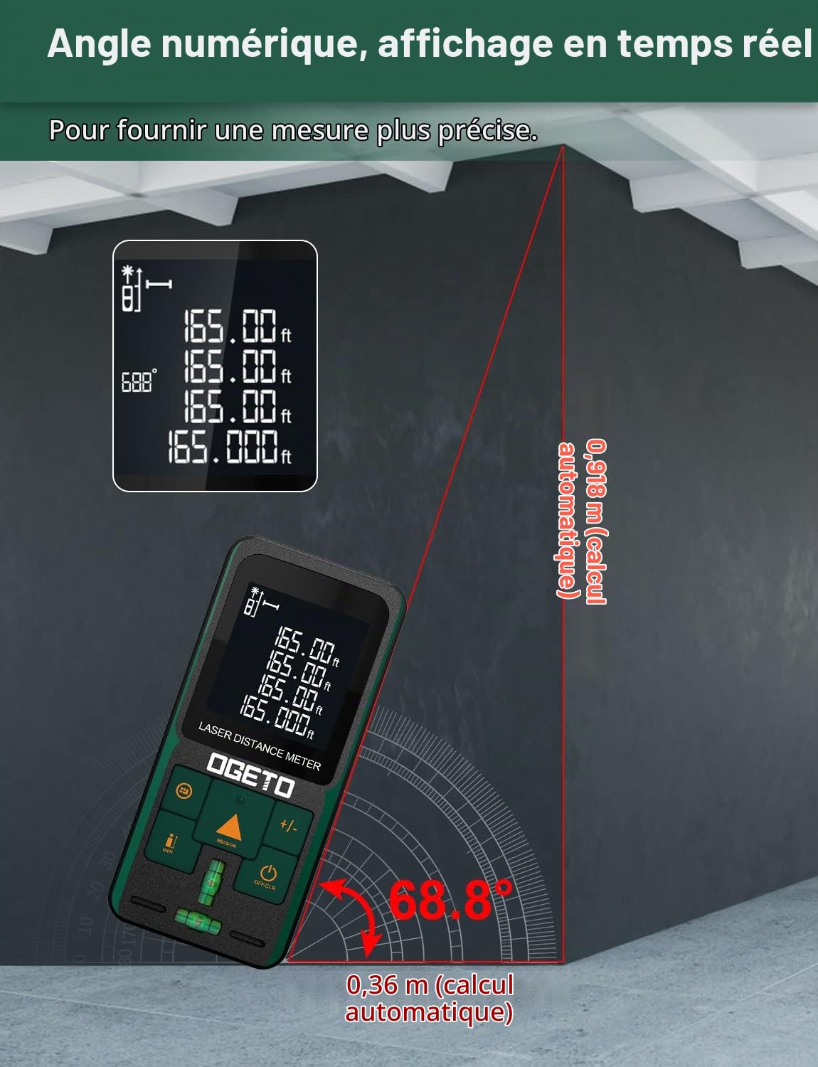 Metre Laser, Ogeto Télémètre Laser Numerique avec Niveau Électronique Amélioré, 99 Stockage, Mesure Longueur/Zone/Volume/Théorème de Pythagore pour Rénovation Intérieure/Chantier de Construction