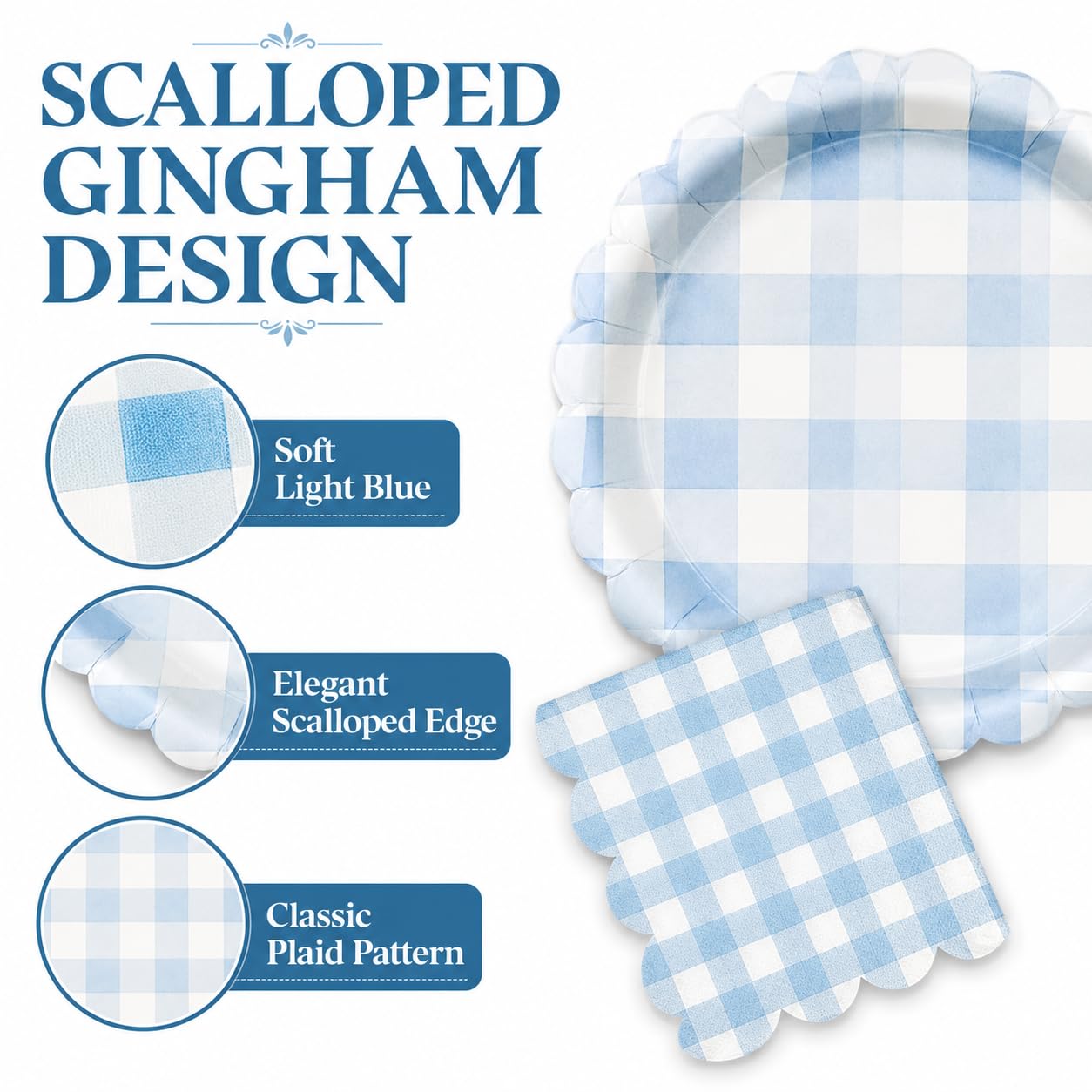 Blue Gingham Paper Plates & Napkins - 50 PCS -6