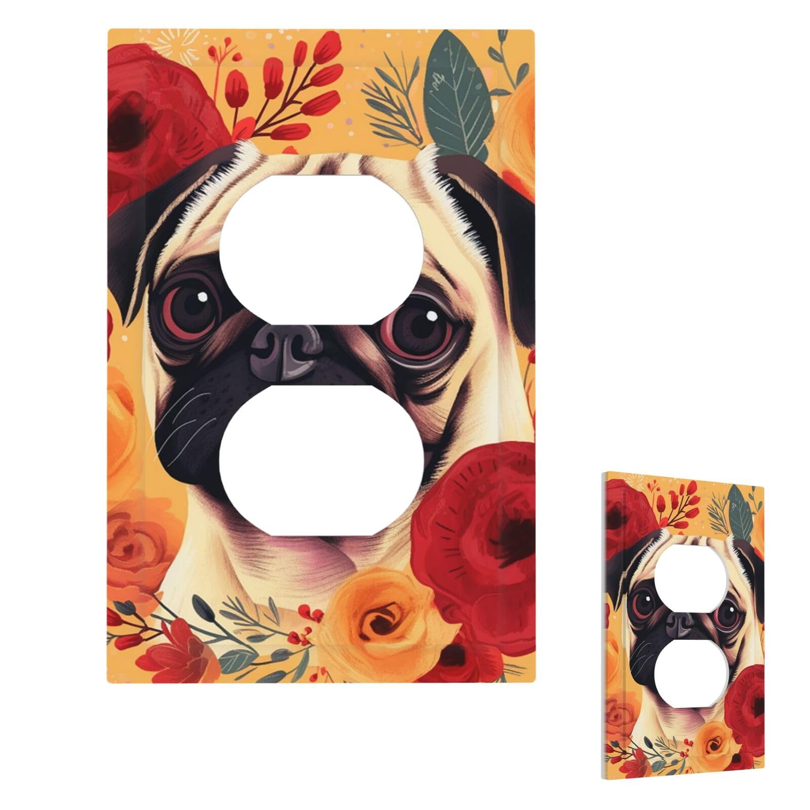 Pug Flower Wall Plate Cover Modern Decorative 1 Gang Light Switch Cover Unbreakable Receptacle Outlet Covers For Living Room Bedroom Home Decor Duplex
