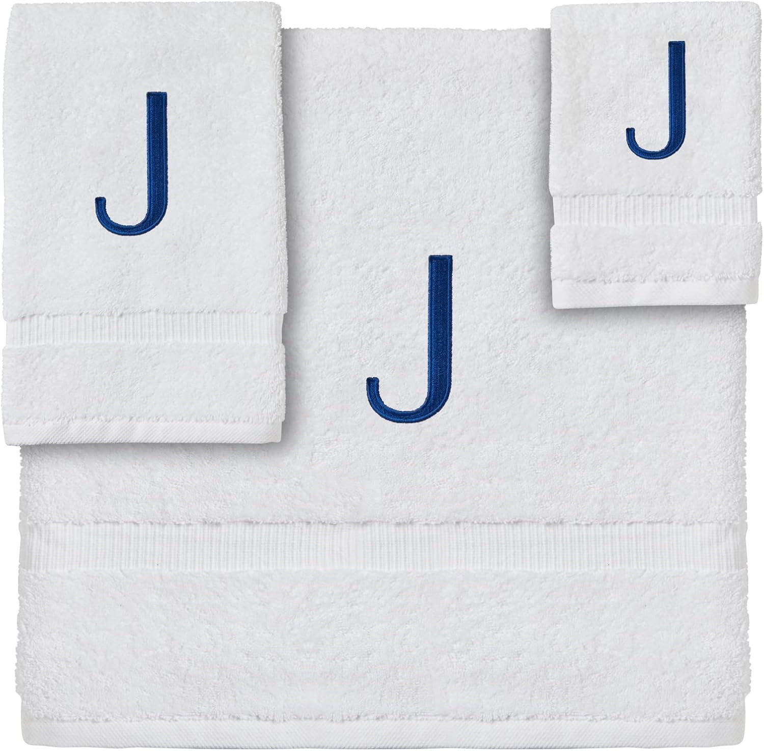 Juvale 3 Piece Letter J Monogrammed Bath Towels Set, White Cotton Bath Towel, Hand Towel, and Washcloth with Blue Embroidered Initial J for Wedding Gift, Bridal Shower