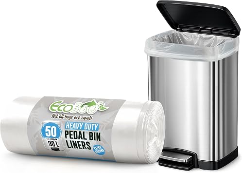 EcoBag - 50 Pack Heavy Duty White Bin Liners - 30L - 15 Microns - Extra Strong, Leak-Proof, Tear-Resistant Bags for Pedal Bins, Kitchen, Home & Office 510x600mm