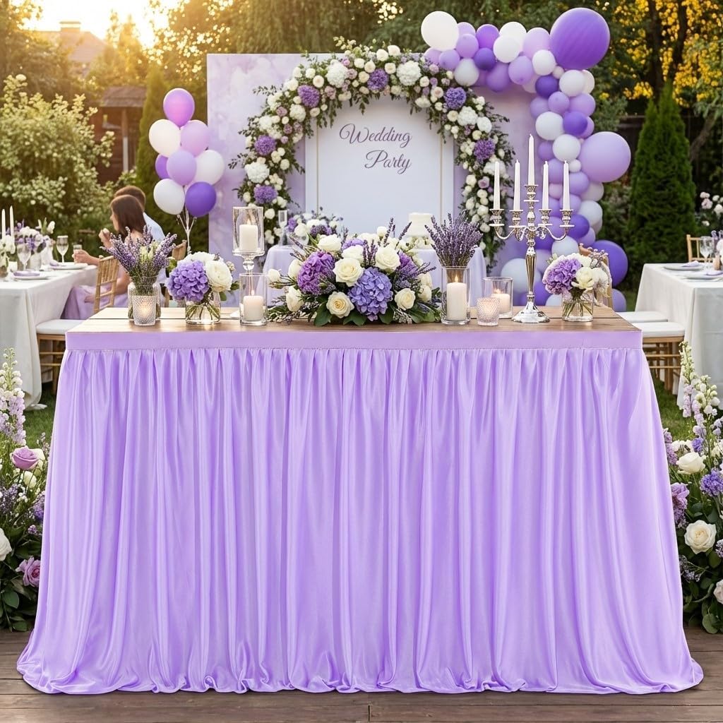 Light Purple Table Skirts 14ft Ruffle Tablecloth for Rectangle and Round Tables for Princess Baby Shower Girls Birthday Wedding Party Banquet Cake Dessert Decorations
