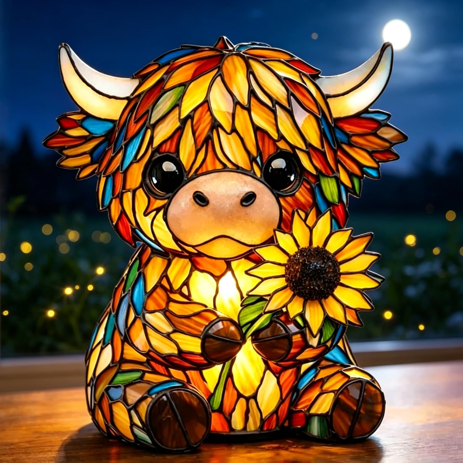 Stained Highland Cow Lamp, Vintage Resin Table Lighting, 3D Cute Sunflower Animal Lamp with Warm Glow, LED Night for Home, Office, Bedroom, Living Room, Unique Gift for Cow Lovers