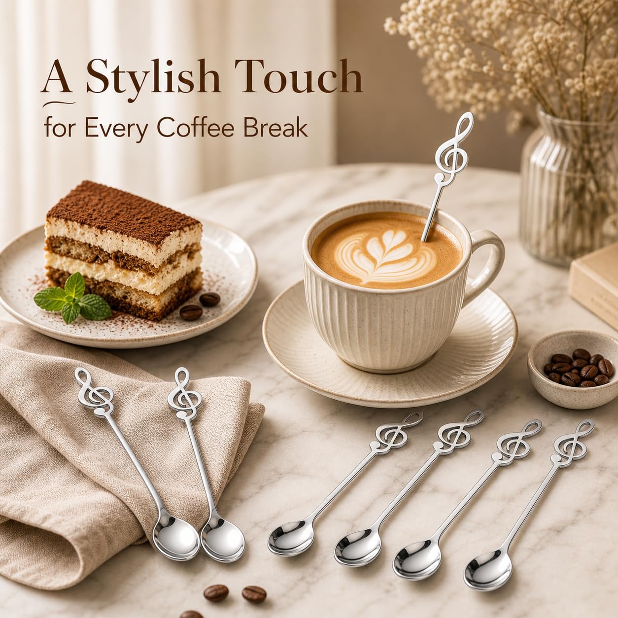 MIVIDE 16 Pezzi Cucchiaini da Caffè Note Musicali, Cucchiai da Dessert in Acciaio Inox, Cucchiaini Decorazione per Musicisti, Caffè, Tè, Dessert (Argento)
