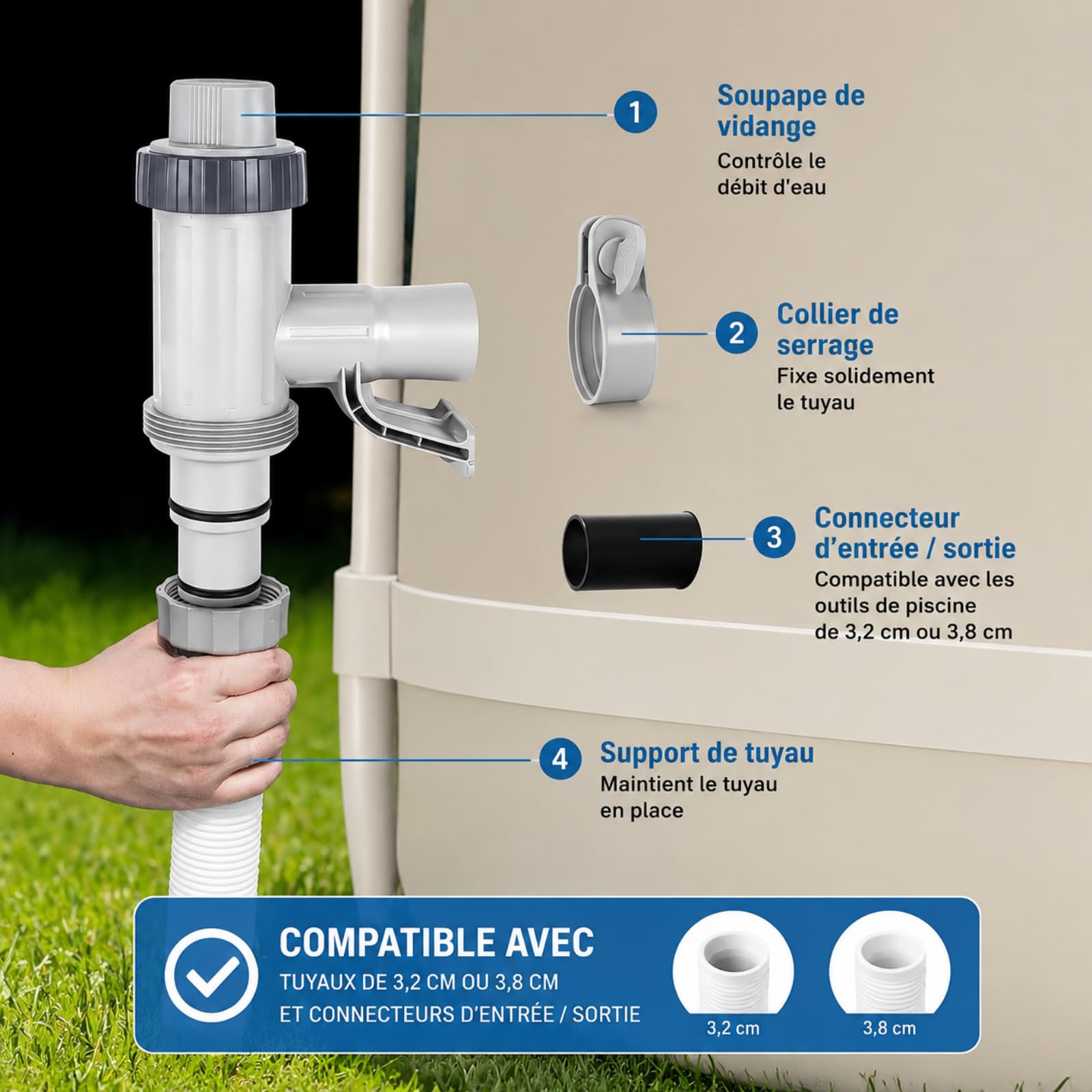 Lot De 2 Vannes D'arrêt pour Piscine avec Raccords De Tuyau 32 Mm / 38 Mm, Adaptateur De Tuyau Et Support De Tuyau, Pièces De Rechange pour Piscine Hors Sol