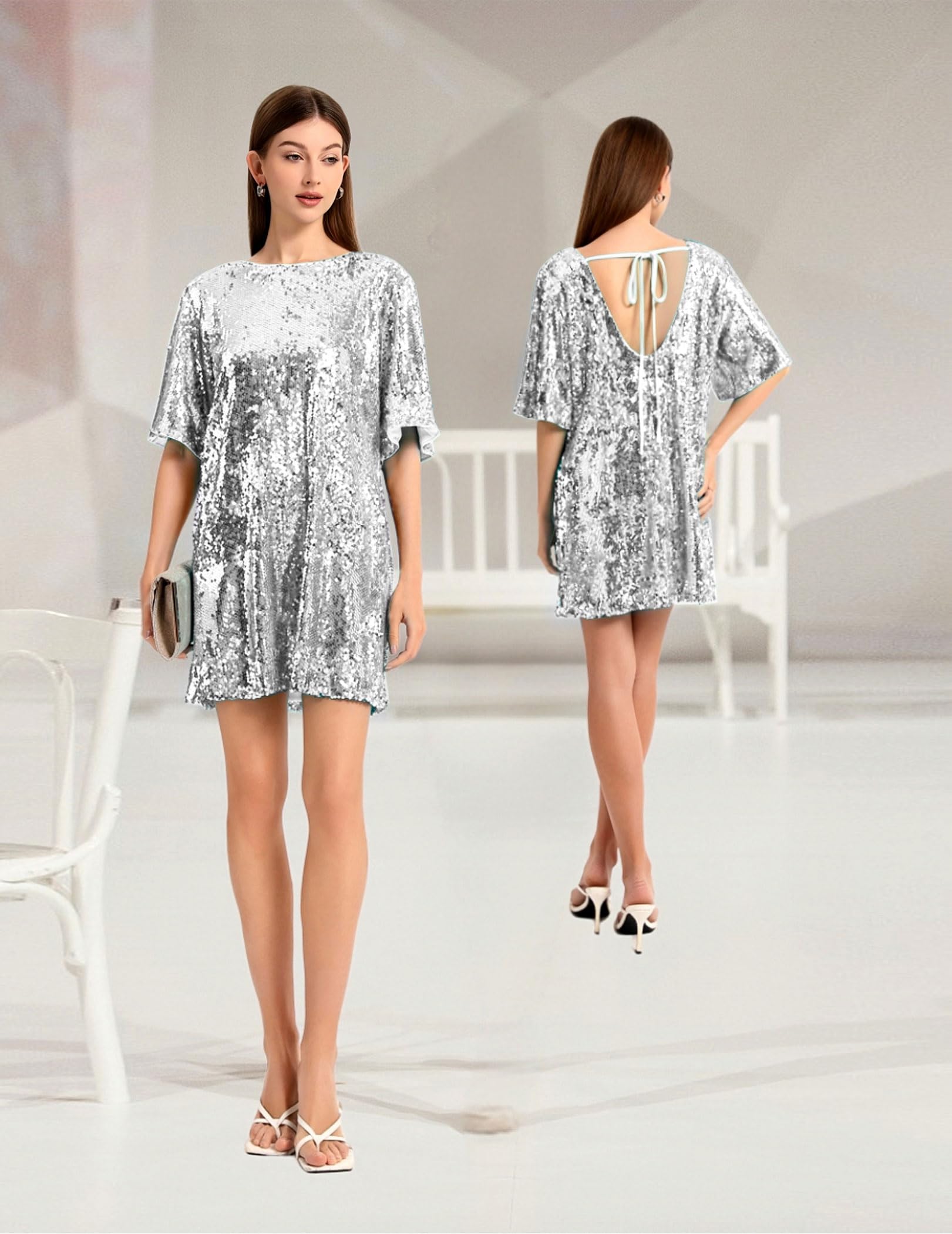 Vestido de lentejuelas con cuello redondo para mujer, sexy, con cuello en V, brillante, media manga, holgado, para fiesta, club, cóctel