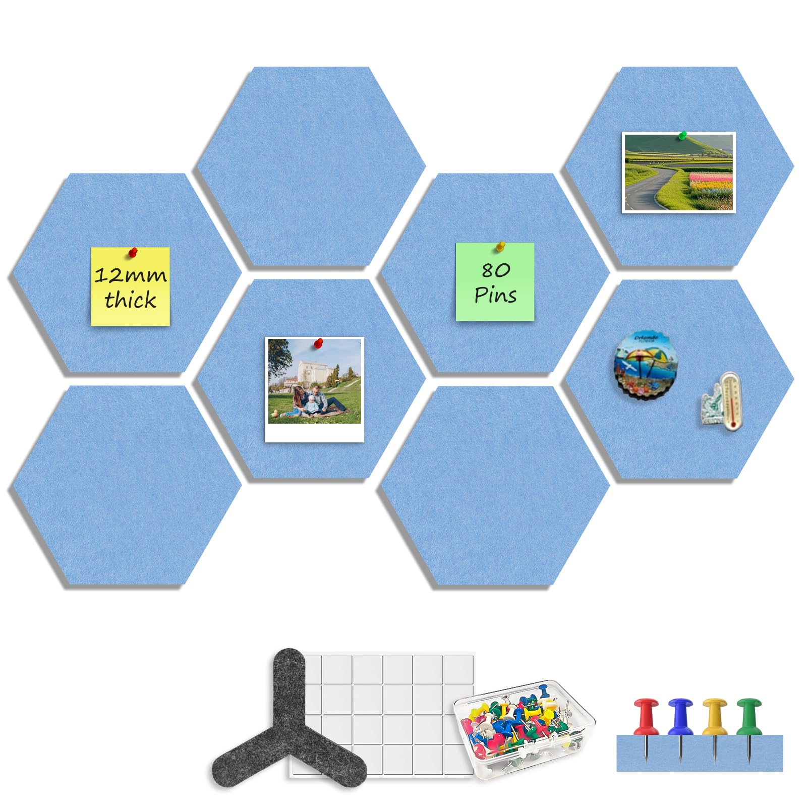 Sliandtelly Filz Pinnwand Hexagon 8 Pack, 12 mm dickes Pinnwand-Brett mit 80 Nadeln, Klebebändern & Montage-Abstandshalter, 22x19 cm große blaue Filz-Kork-Pinboard für Homeoffice Schlafzimmer & Küchen