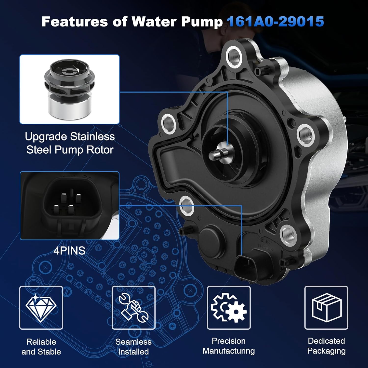 Electric Engine Water Pump w/Gasket Compatible with Toyota Prius 2010–2015, Prius C 2012–2019, Prius V 2012–2017, Prius Plug-In, Lexus CT200h, Stainless Steel Rotor, Replace 161A0-29015