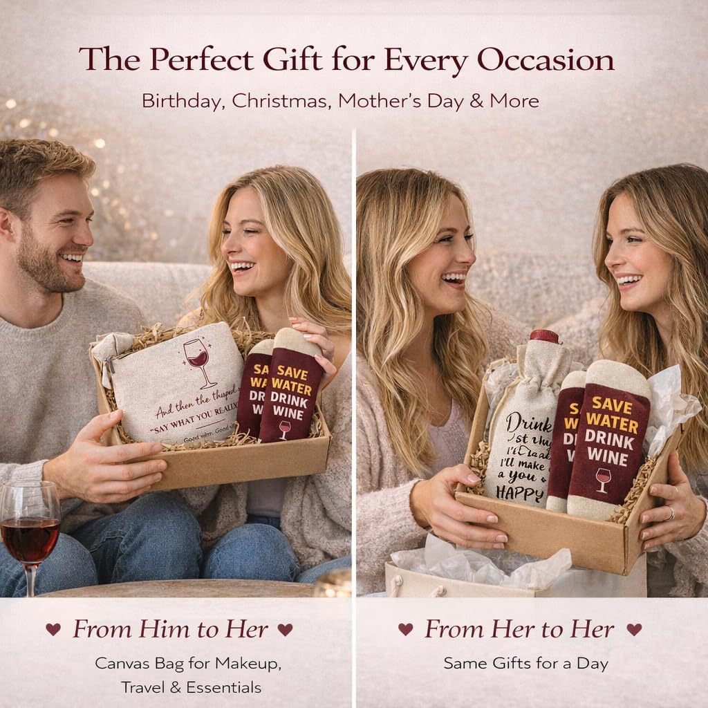 Wine Gifts for Women – 5-Piece Set with Socks, Towel, Makeup Bag & Bottle Gift Bag. Practical Birthday Present for Mom