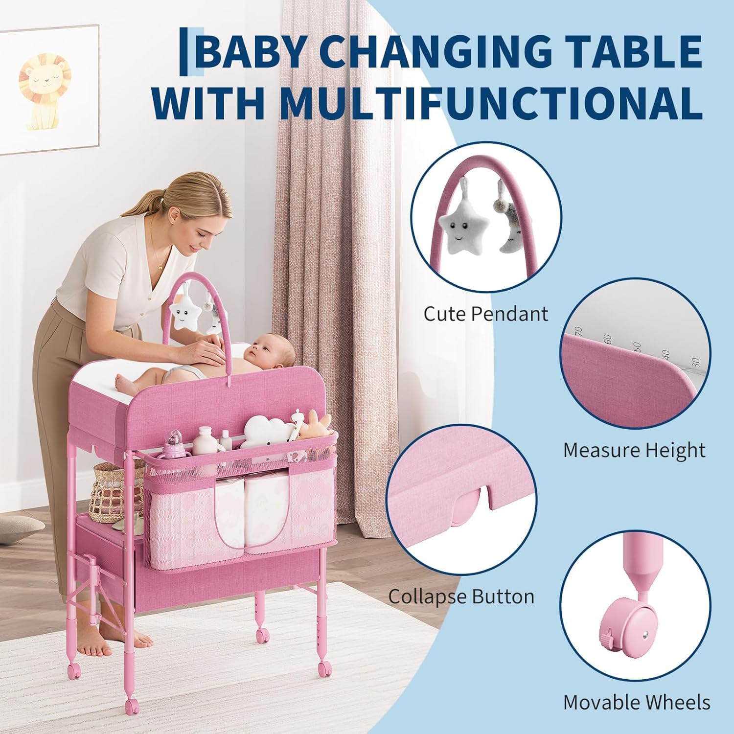Garvee Mueble Cambiador De Bebé Multifuncional Con 2 Cajones, Mesa De Pañales Para Bebés Con Altura Ajustable y Ruedas, Estación De Cuidado Infantil Con Gran Almacenaje y Estantes