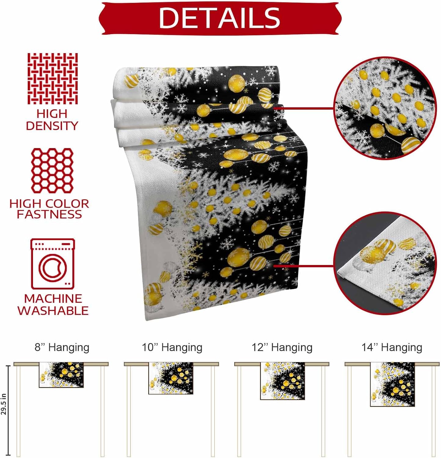 Black Yellow Christmas Table Runner 72 Inches Long for Kitchen Dining, Xmas Tree Snowflake Winter Dresser Scarf Farmhouse, Dining Table Decorations for Wedding/Parties, 16 x 72 in