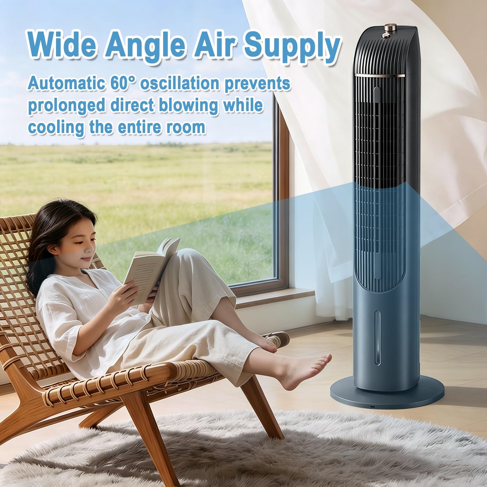 Chłodzący Cichy Wahadłowy Wentylator Wieżowy, Oscylacja 60° | Wysoki Wentylator Wieżowy 102cm, 65W, 3 Prędkości, Zbiornik na Wodę 4L, 4 Kryształy Lodu, 220V, do Sypialni