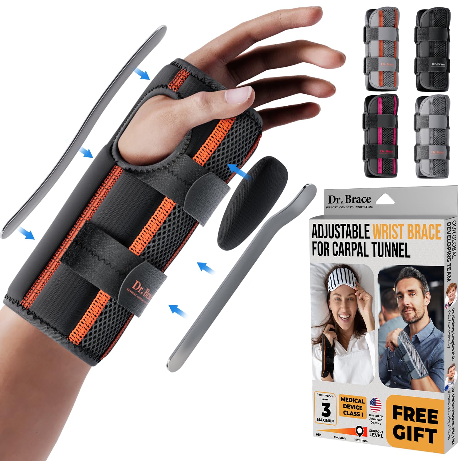DR. Brace wrist brace for carpal tunnel (Small/Medium Right Hand, Black-Orange)