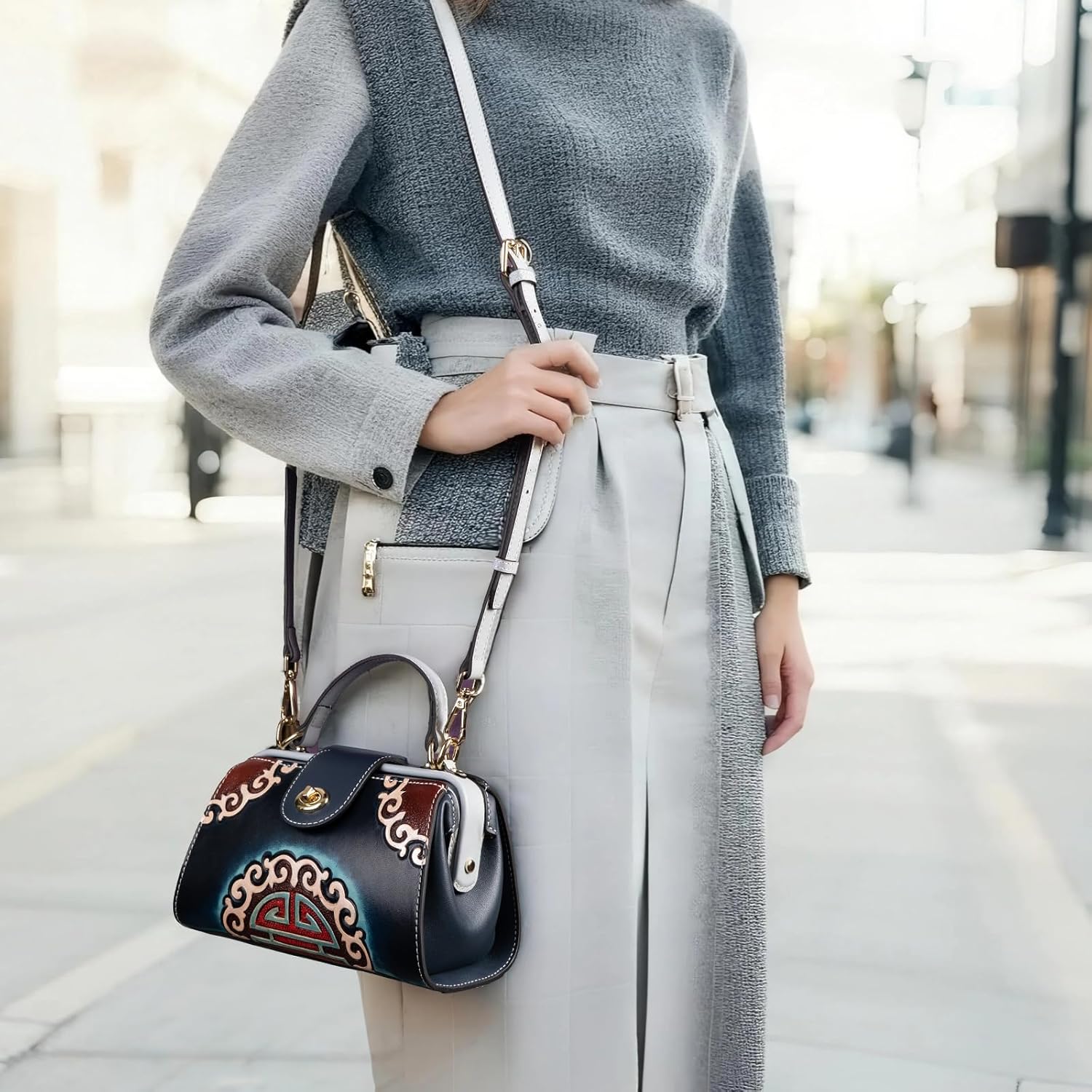 Leather Shoulder Bag Tote Handbag for Women, Genuine Leather, Handcrafted Large Capacity Purse with Secure Closure, Crossbody & Handheld Use, Deep Blue Porcelain Pattern - Image 2