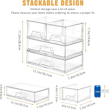 Stebopum 4 Pack Stackable Plastic Storage Drawers Clear Drawer Organiser Acrylic Makeup Organiser,Ideal for Bathroom Storage Box,Vanity, Kitchen Organisation,Cabinet,Pantry