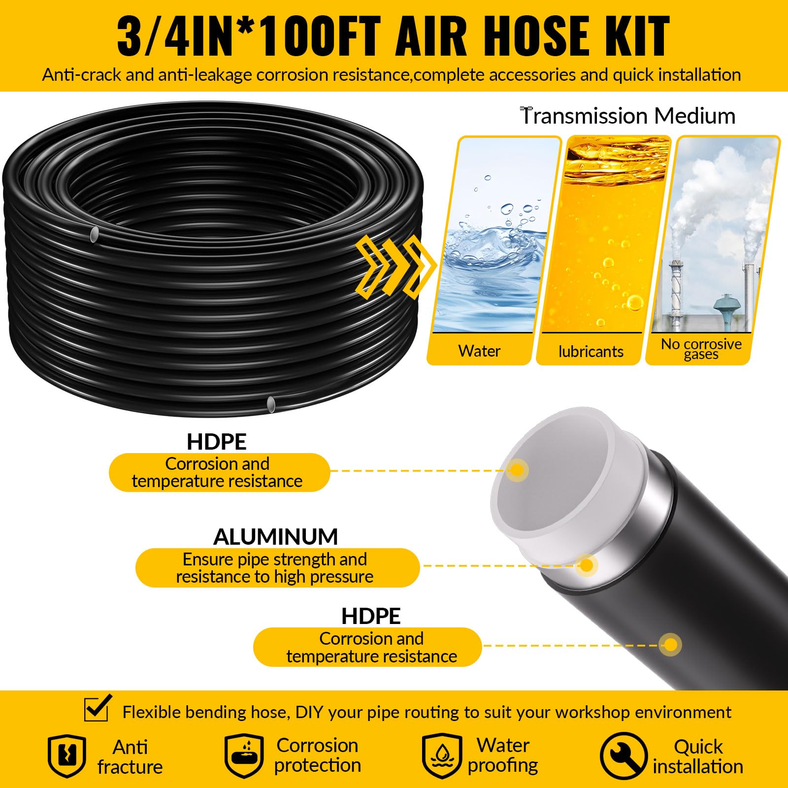 Shop - Kit de línea de aire, sistema de tuberías de aire comprimido negro de 3/4 pulgadas x 100 pies, tubos de polietileno de alta densidad y bloques de salida de aluminio, kit de tubos de línea de