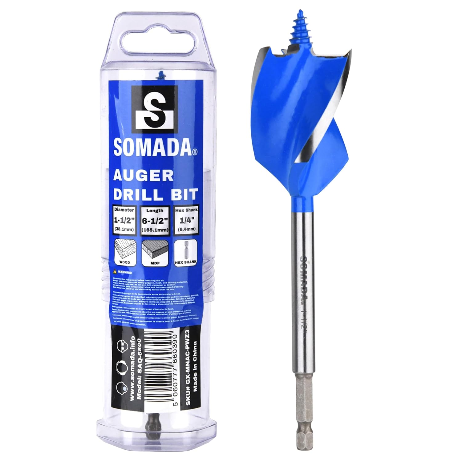 SOMADA 1-1/2-Inch x 6-1/2-Inch Auger Drill Bit for Wood, Quick Change Hex Shank 1/4-Inch, Three-Flute Ship Auger Long Drill Bit for Soft and Hard Wood, Plastic, Drywall and Composite Materials