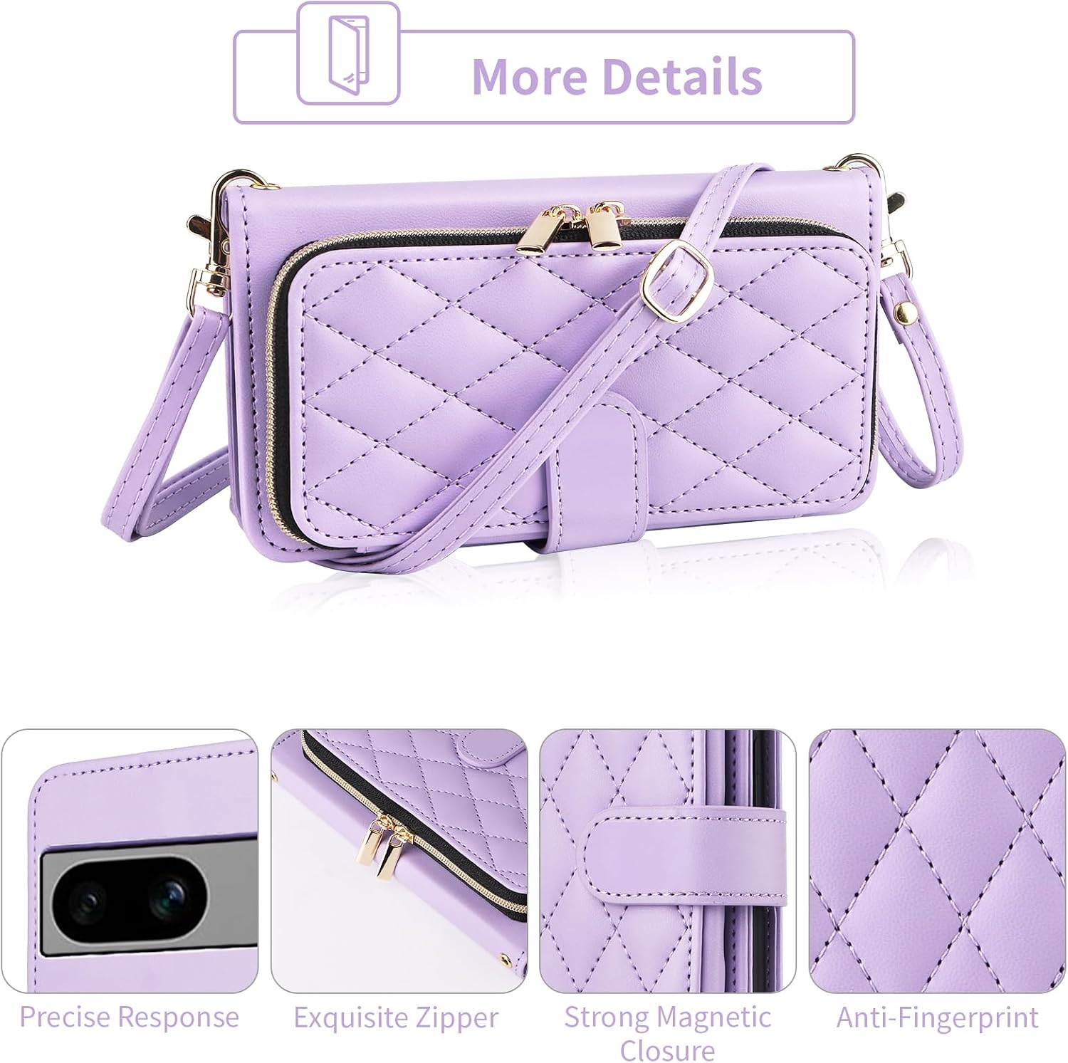 Wallet Case for Google Pixel 7 5G with Wrist Strap, Crossbody Shoulder Strap, 9+ Card Slots Zipper Purse Luxury PU Leather Stand Cell Phone Cover for Pixel7 Pixle Seven 6.3 Women Purple