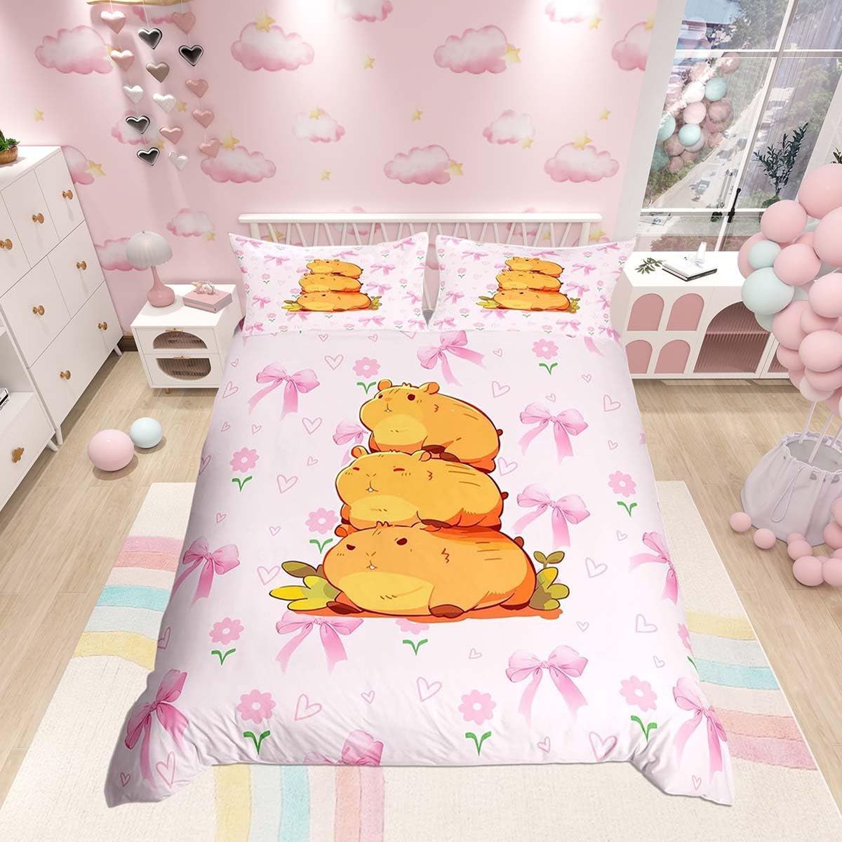 Homemissing Capybaras Bowknot Duvet Cover Set Double Size For Kids Boys Girls Pink Bow Bedding Set Floral Bow Duvet Cover with 2 Pillowcases Capybara Gifts Bedding — image 1