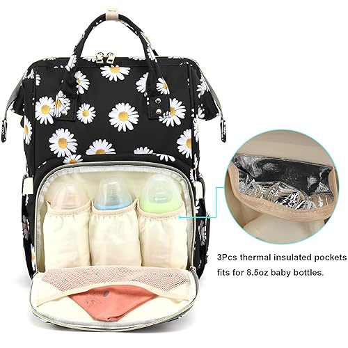 Miniatura 2 de Mochila de pañales con diseño floral para bebés, niñas y niños, bolsas de pañales para mamá con flores para mujeres (color negro margarita)