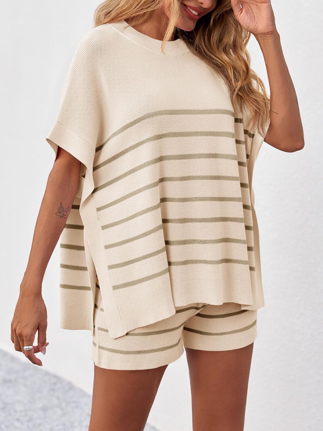 Fisoew Women's Striped 2 Piece Outfits Oversized Batwing Short Sleeve Tops High Waisted Shorts Summer Knit Lounge Short Sets - Image 3