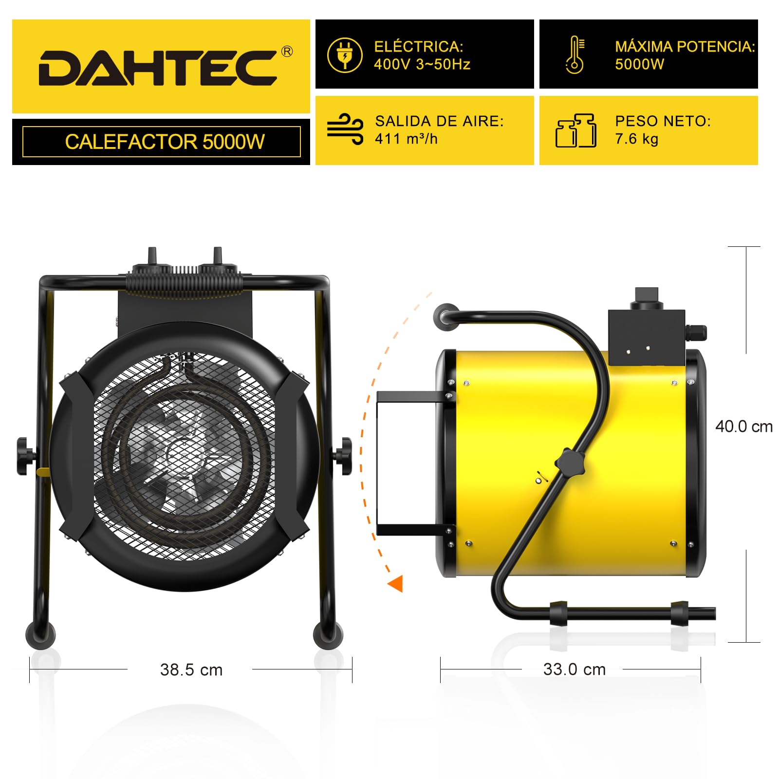 Calefactor Industrial 5000W - Calentador Aire Caliente Portatil - con Ajuste de ángulo de 0 a 25° y Termostato - Apto para Construcción, Garaje e Invernadero