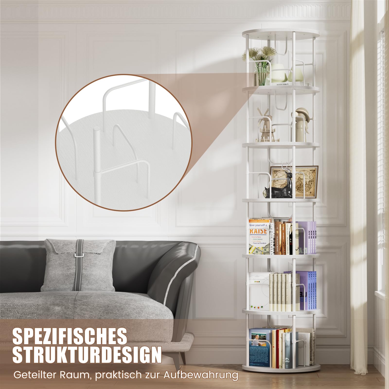 Generisch 360° Drehbares Bücherregal, Bodenstehendes Bücherschrank Aus Holz, Bookshelf Mit 6 Ebenen, Verstellbare Ebenen, Standregal, 45×45×193cm, Weiß