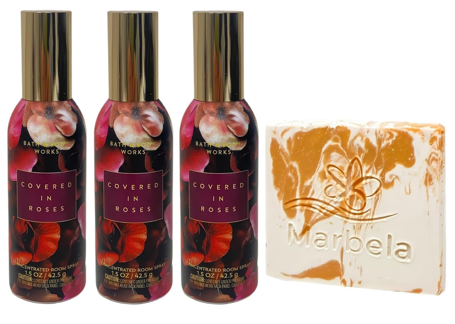Bath and Body Works Covered In Roses 3 Concentrated Room Sprays with a Peach Gardenia Sample Soap