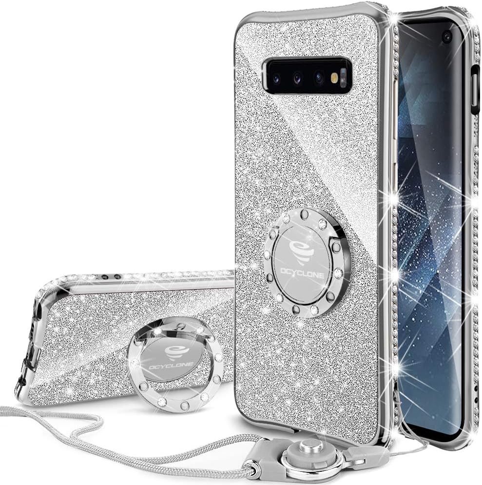 OCYCLONE Samsung Galaxy S10 6.1" Case, Shiny Diamond Cute Phone Case for Girls/Women, Luxury Bumper Protective Cover with Ring Stand, Glitter Samsung Galaxy S10 Case, Silver
