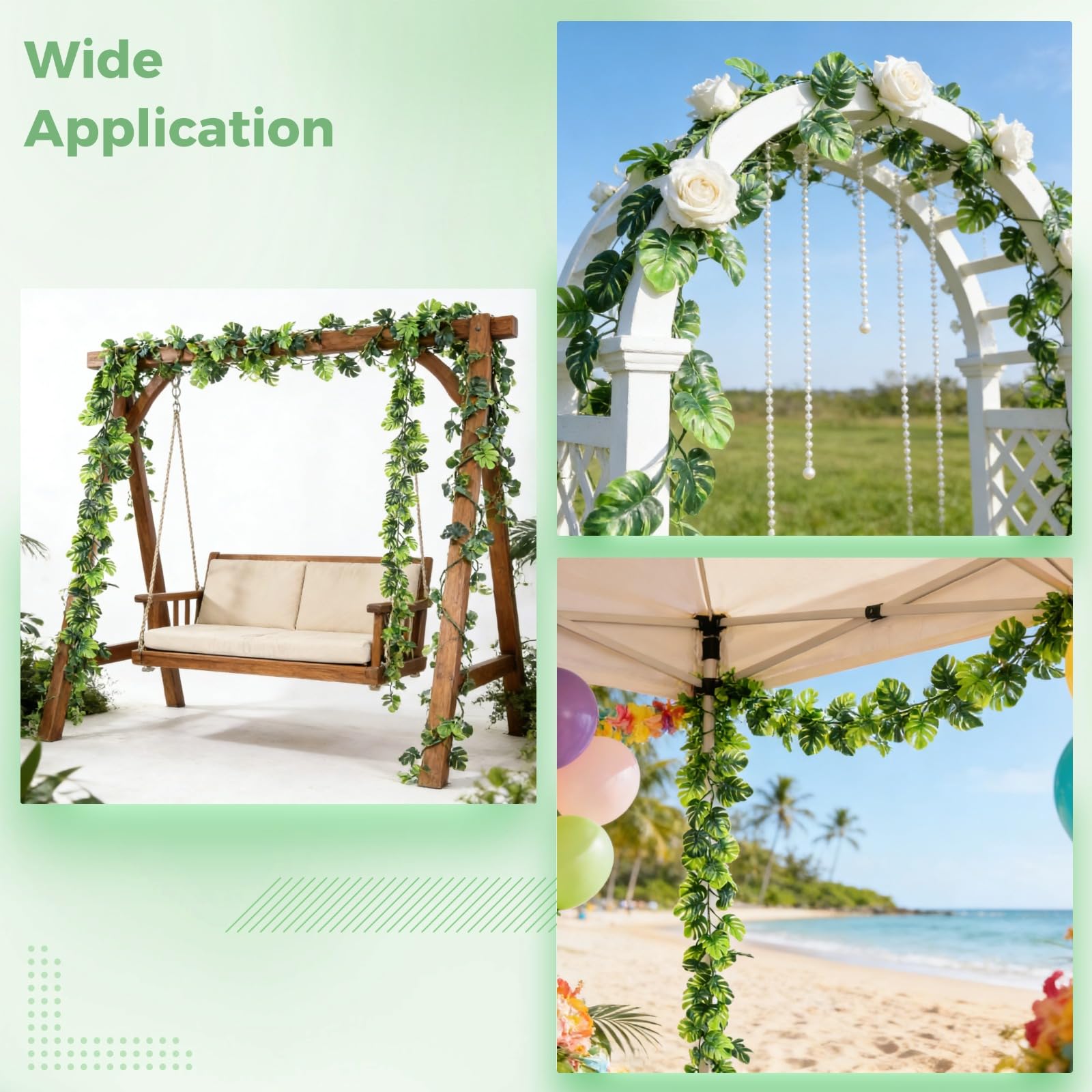 4 STK. künstliche Monstera-Blattranken, 5,8 Fuß hängende Grünpflanzen mit abnehmbaren tropischen Palmblättern, Kunststoff-Efeu-Monstera-Girlande für Garten, Veranda, Terrasse, Hawaii-Party-Deko