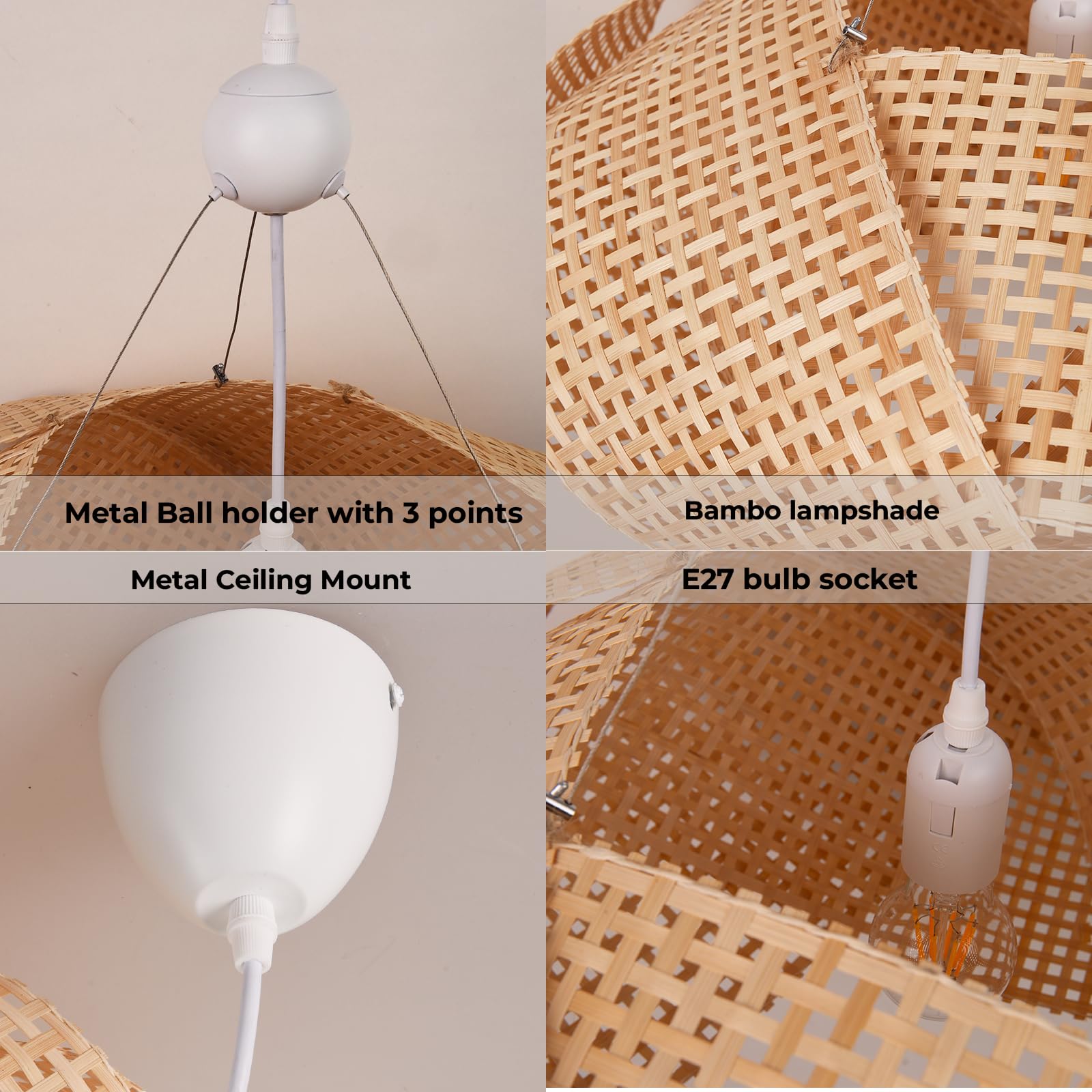 Alpinaluz Pendelleuchte Weiß Ø61 cm mit beige Rattan Lampenschirm und weißem Stahlfuß, pentagonales Design mit Metallkugel, verstellbarem Kabel, E27 Fassung, ideal für Esszimmer und Wohnzimmer