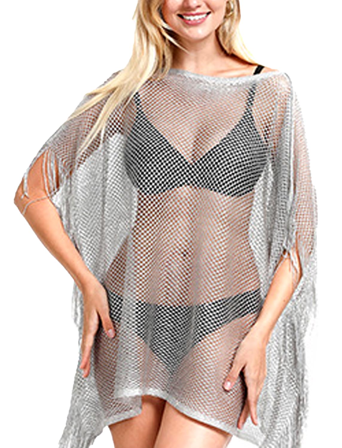 Vossmi Vestido de Playa para Mujer Bikini Cover Up Borlas Ropa de Playa Verano Pareos Playa Crochet Corto Tops Camisa