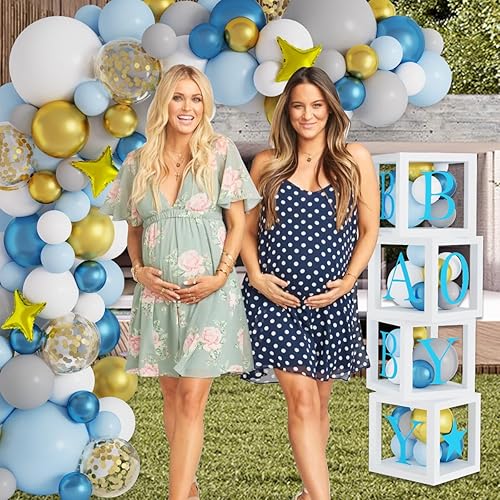 Miniatura 6 de JOGAMS Decoraciones de elefante para baby shower para niño, 234 piezas con cajas de bebé, telón de fondo de letras, mantel para cupcakes, decoración