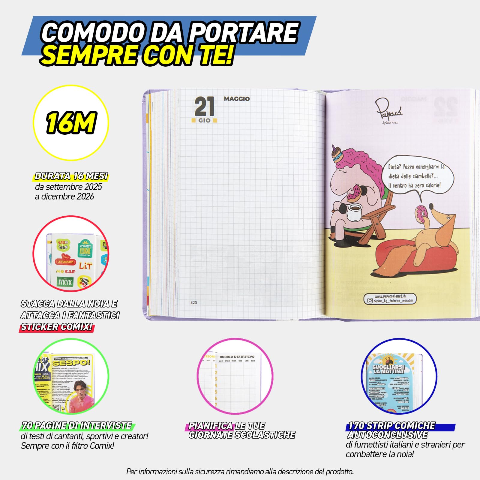 Agenda COMIX U Mini 16 Mesi 2025-2026 | Planner Giornaliero Per Scuola E Università | Con Penna E Segnalibro | Blu Glitter