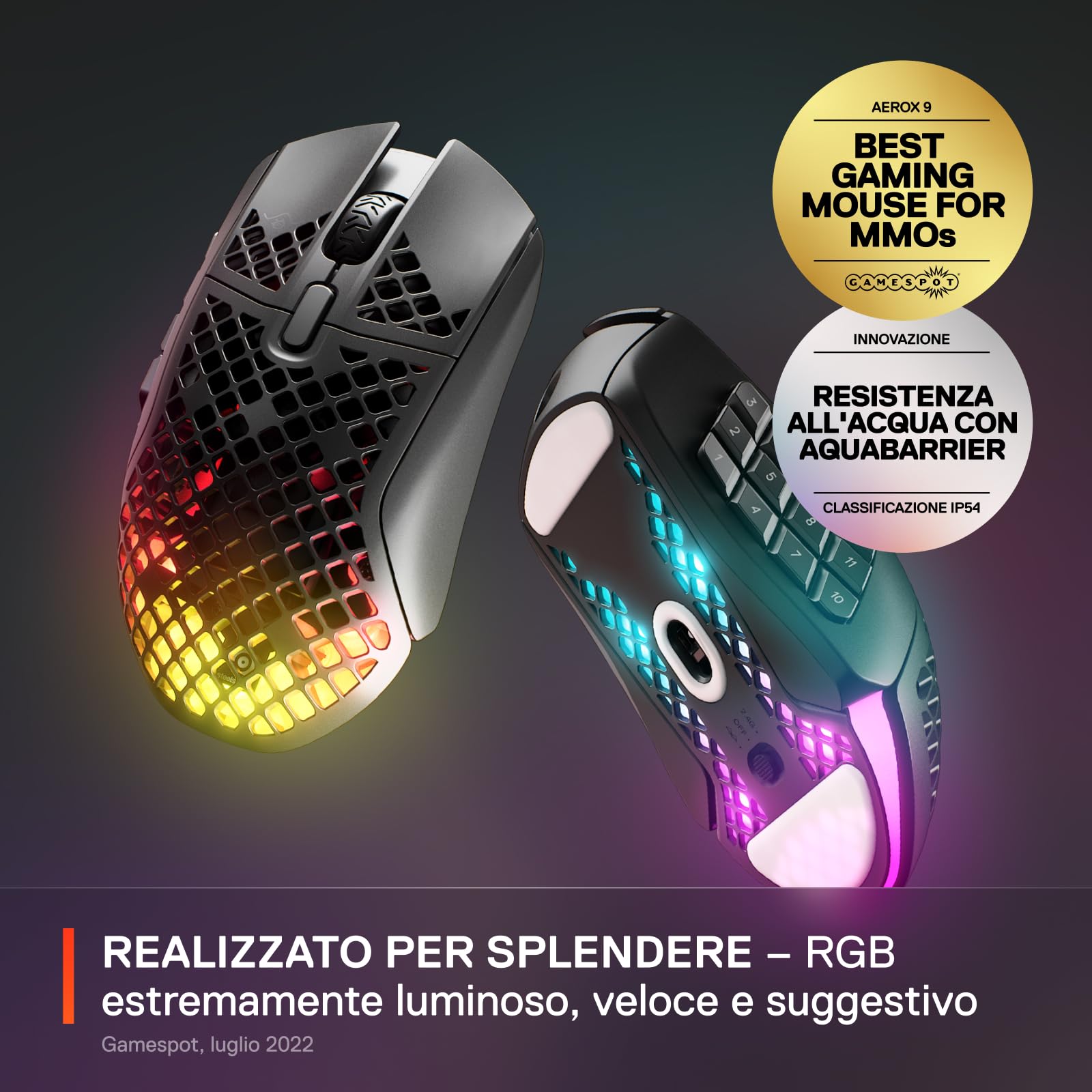 SteelSeries Aerox 9 Wireless - Mouse da gioco RGB traforato - Design ultraleggero e resistente all'acqua - 18 pulsanti - Bluetooth/2,4 Ghz - Sensore ottico TrueMove Air da 18K DPI