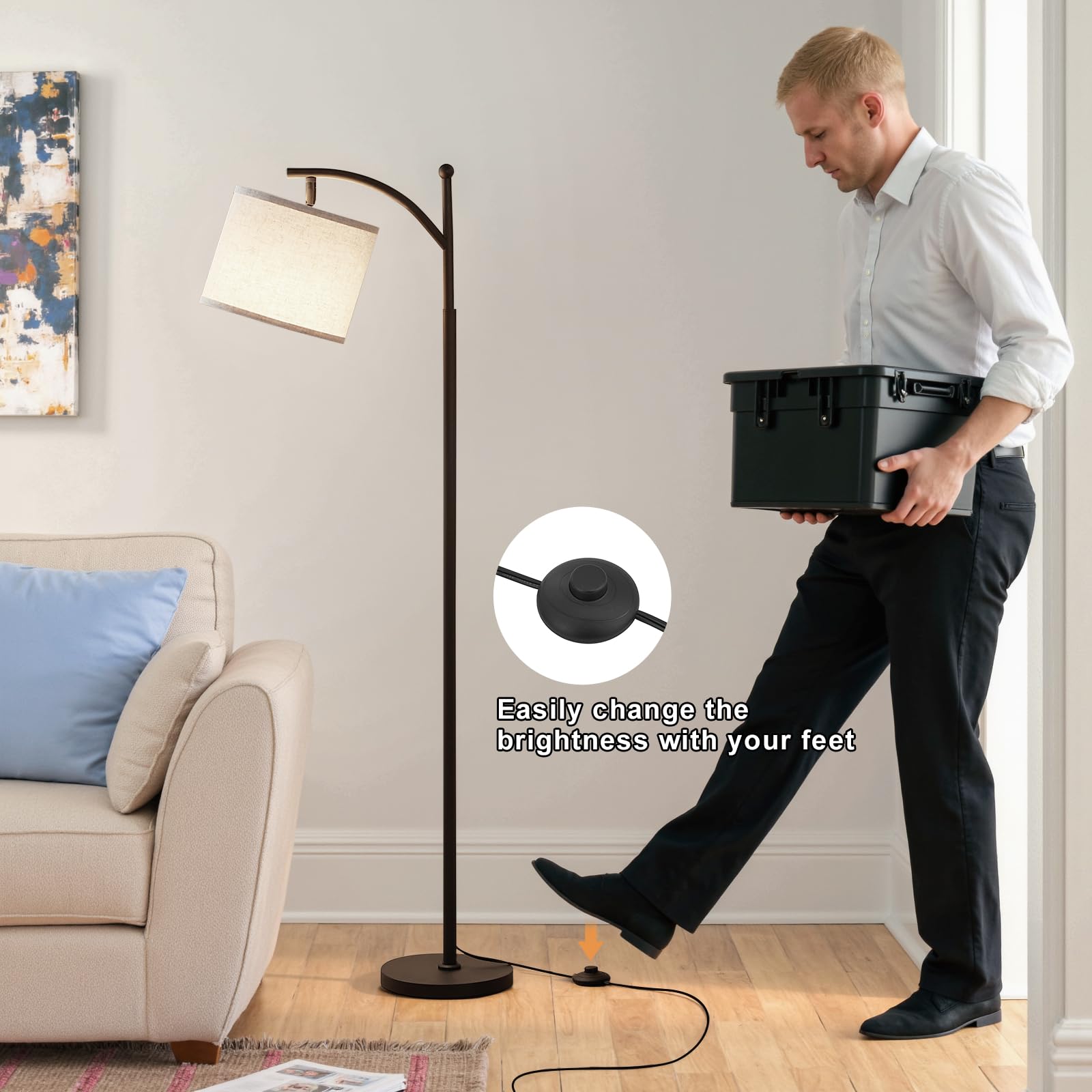 Stehlampe Wohnzimmer, Moderne Stehleuchte mit 3 Farbtemperaturen, LED Standleuchte Hoch mit Verstellbarem Leinenschirm, Stehlampe Vintage für Wohnzimmer Schlafzimmer Büro (Birne Enthalten)