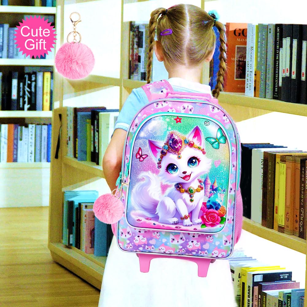 ZLYERT 3Pcs Rolling Backpack for Girls, Fox Kids School Backpacks with Wheels, Roller Bookbag with Lunch Box for Elementary Preschool(White)