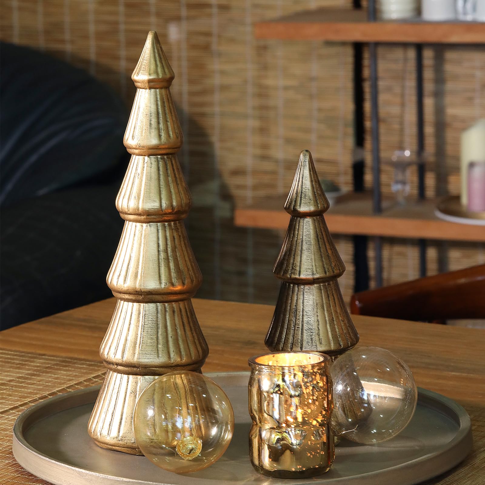 DN DECONATION Figuras de árbol de Navidad de madera, juego de 2 árboles de Navidad dorados, decoración de madera, decoración de mesa para decoración de Navidad, chimenea, estantería y decoración de