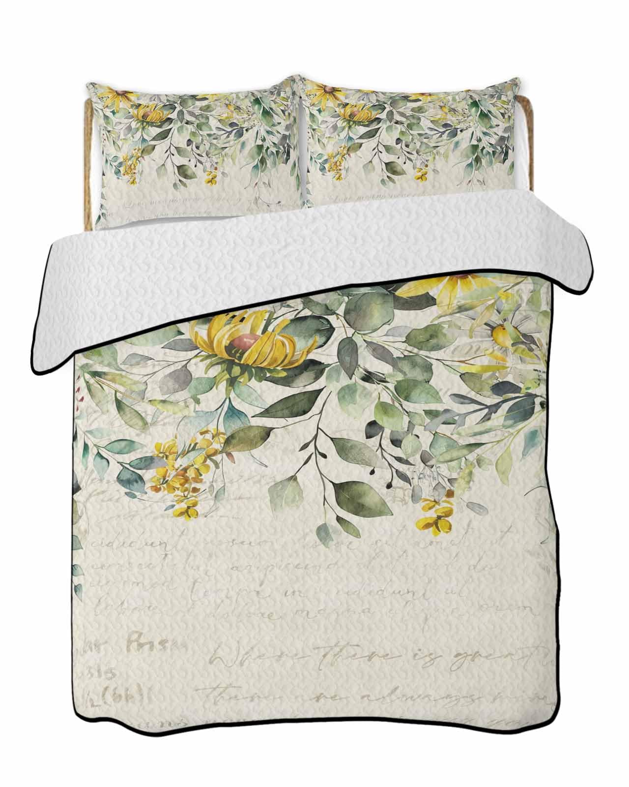3-Piece Summer Quilt King Size, Flowers Eucalyptus Lightweight Cooling Bedding Comforter Blanket with 2 Pillow Shams, Vintage Botanical Floral Leaves Bedspreads Quilted Coverlet Sets 96