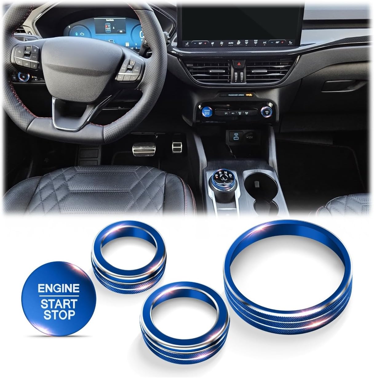 for 2023-2026 Ford Escape Accessories, 4PCS Aluminum Alloy Knob Covers Trim Set (Blue) - Push Start Button, Volume, Headlight & Gear Shift